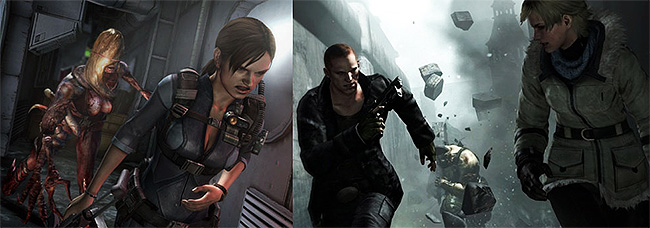 Enquanto Jill é perseguida pelos silenciosos e assustadores Ooze no navio "Queen Zenobia" em Resident Evil 6, Jake e Sherry fogem do Ustanak em meio à  explosões, helicópteros, muita pancadaria e tiros.