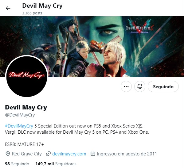 Perfil oficial de Devil May Cry no X (antigo Twitter)